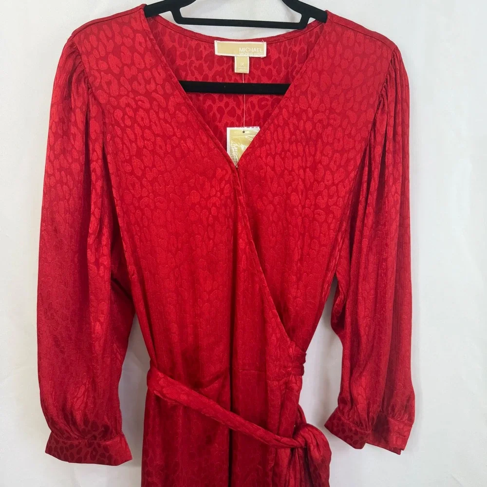 MICHAEL‎ KORS Red Animal Print Wrap Midi Dress 2X Romantic Feminine NWT $175